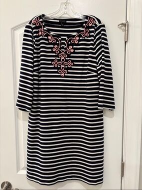 Talbots Navy and White Striped Long Sleeve Dress with Pink Embroidery